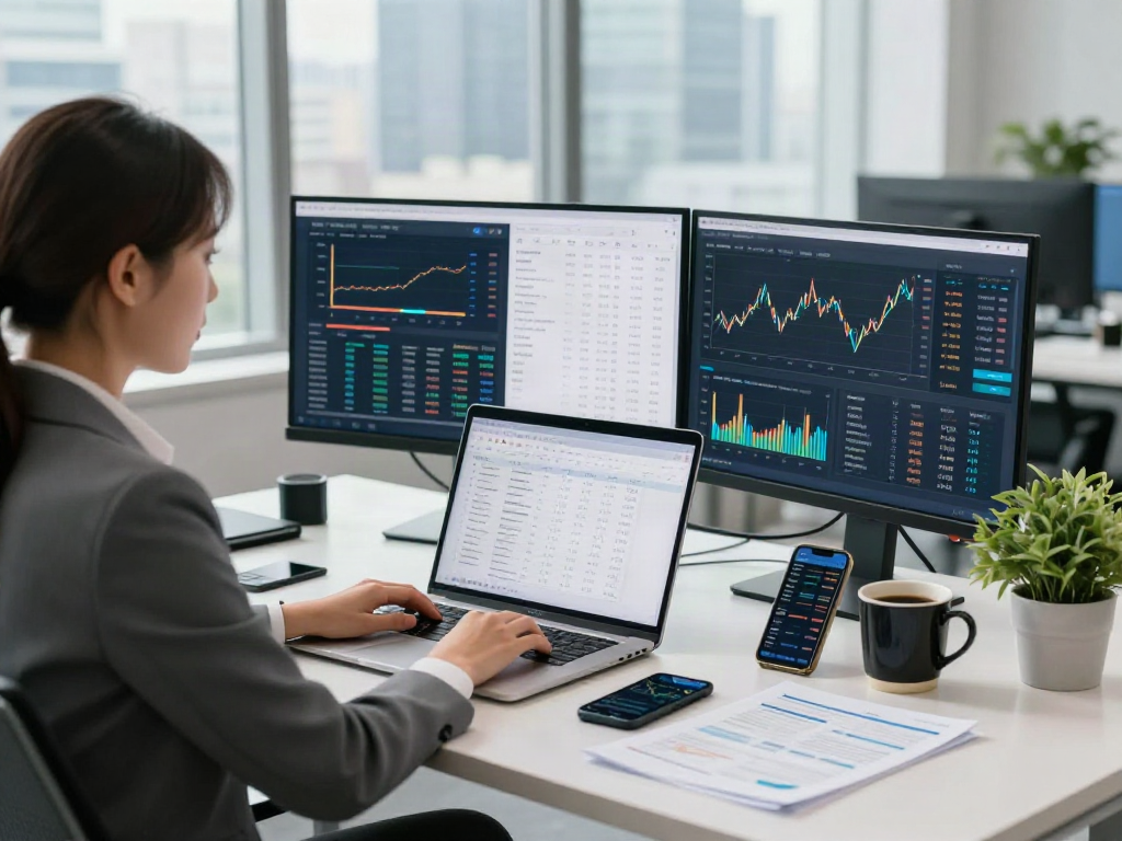 Woman analyzing financial data at https://www.mpocash.net/ in a modern office setting.