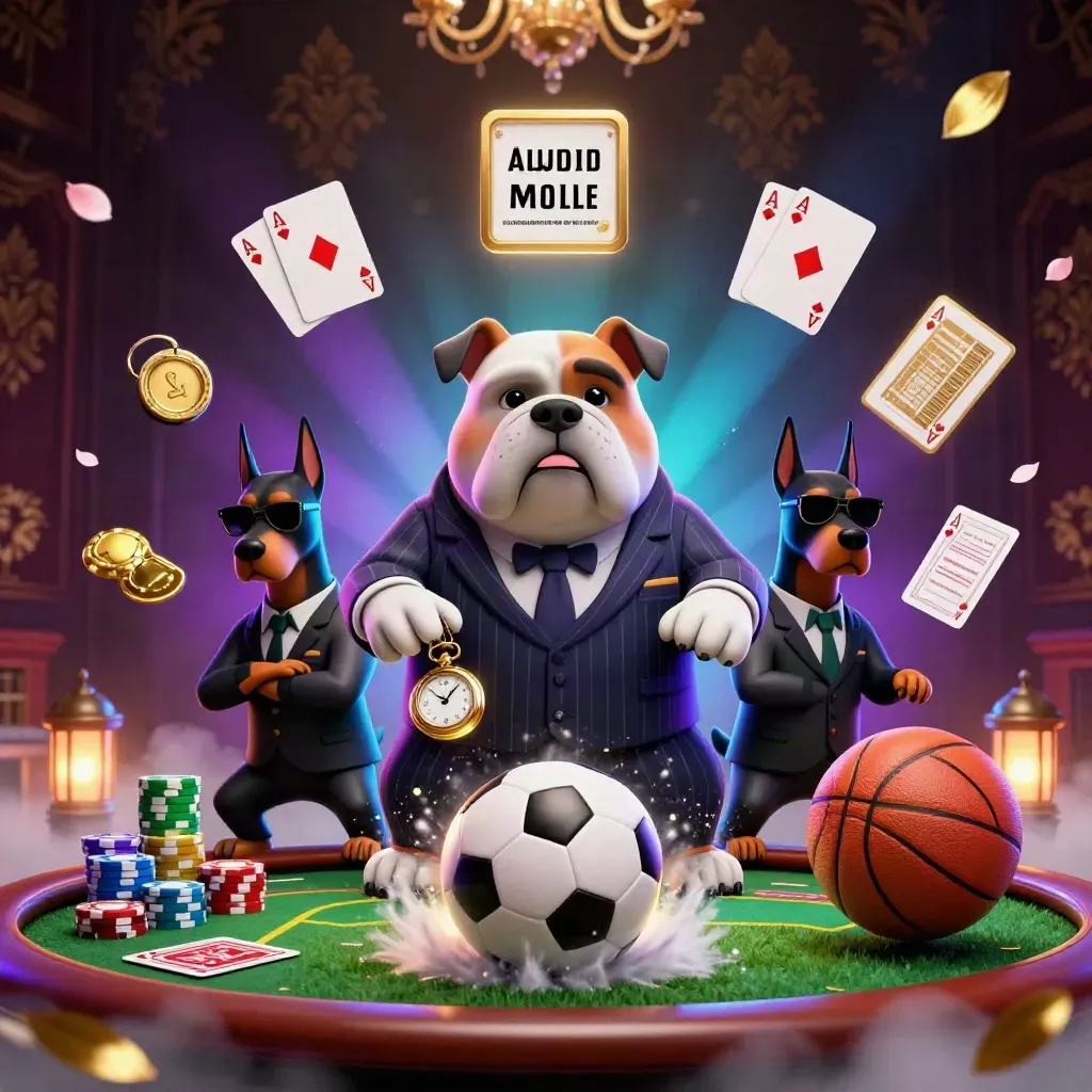 Cartoon bulldog boss and Dobermans amid poker chips, turf spray, and a blazing soccer ball