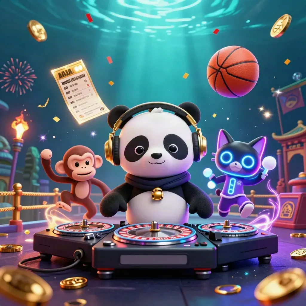 DJ panda, monkey and glow-stick kitten amid flying sports balls, casino lights and confetti.
