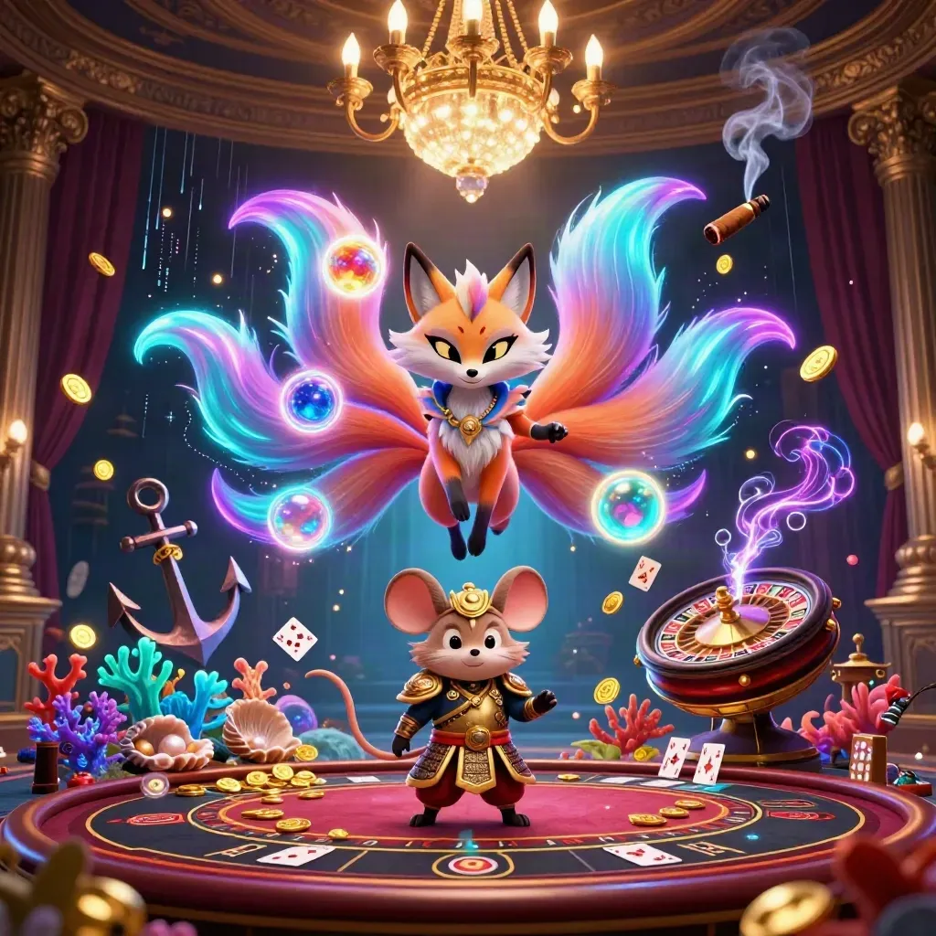 Neon nine-tailed fox spirit and samurai mouse amid casino treasure, roulette, coral, and gold light.