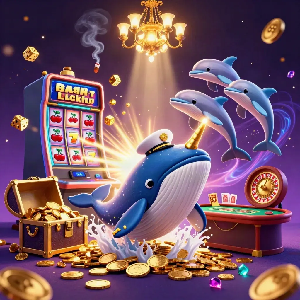 Whale captain, narwhal, and dolphins amid casino magic, slots, dice, coins, and gold