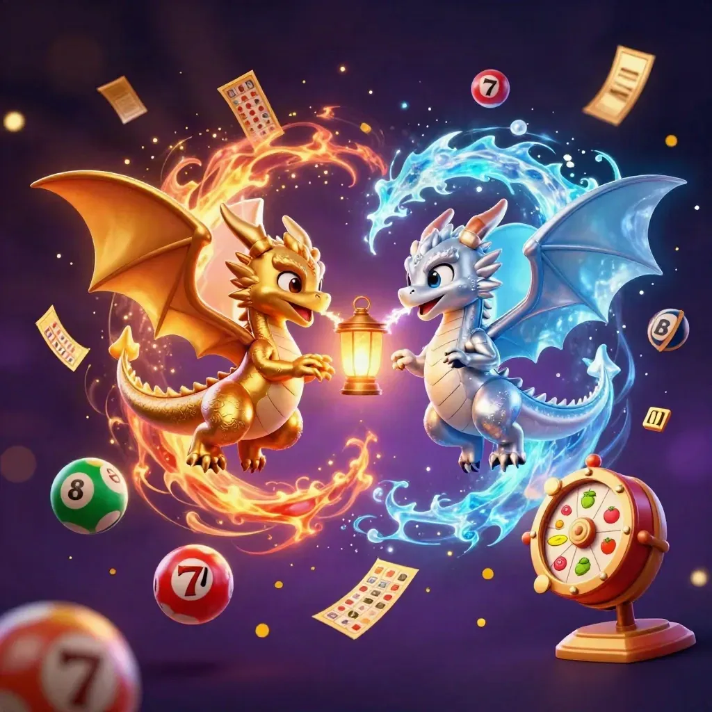 Twin gold and silver dragons with a lantern spirit, bursting casino charms, in neon purple-gold light.