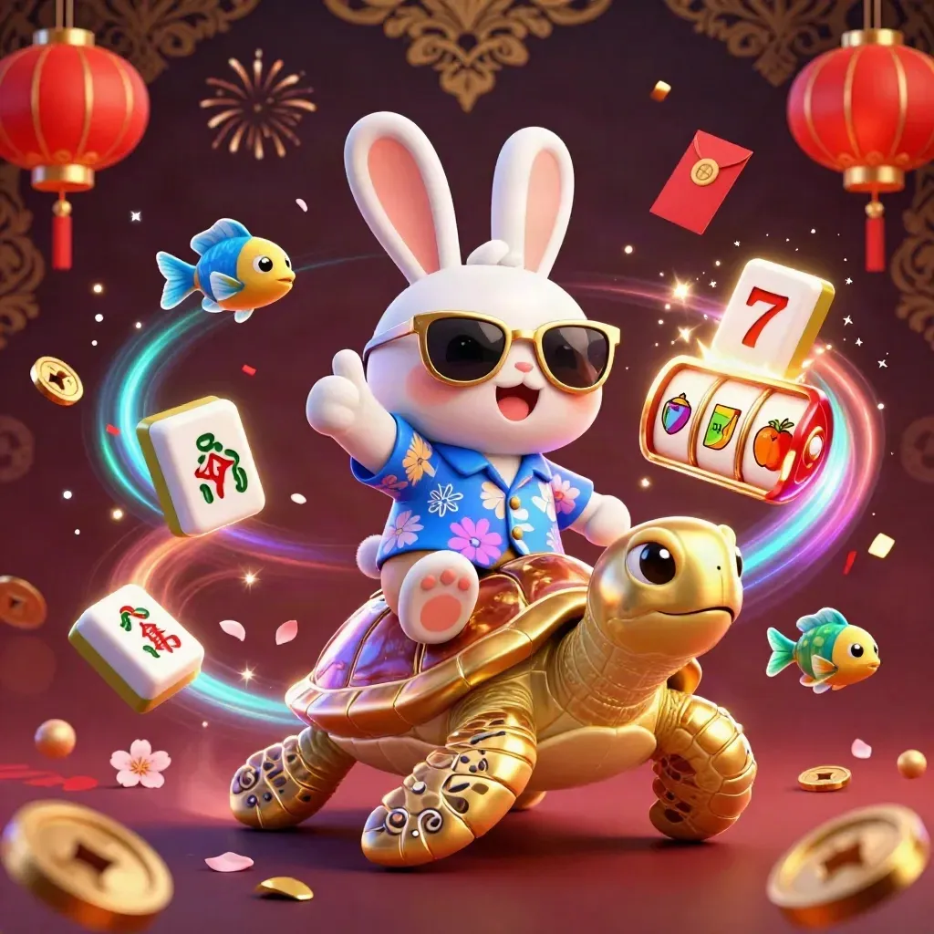 Lucky rabbit rides a gem turtle amid casino charms, fireworks, coins, and gold bokeh.