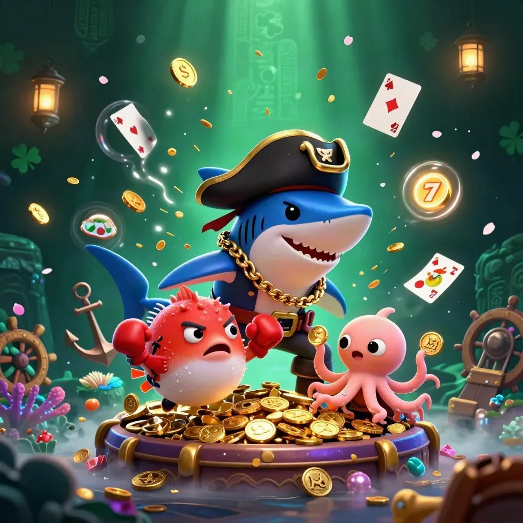 Shark pirate, boxing pufferfish, and coin-juggling octopus burst in a glowing treasure cove.