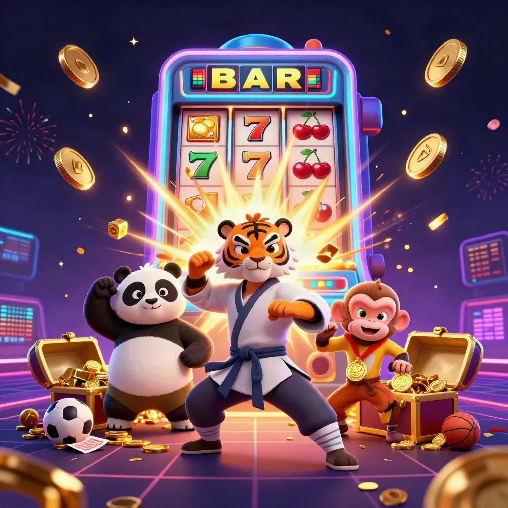 Tiger, panda, and monkey celebrate amid slot-machine bursts, gold, sparks, and casino lights.