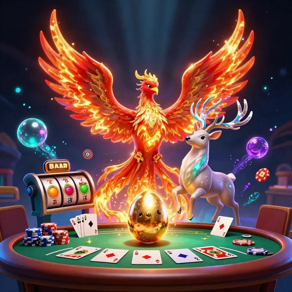 Fire phoenix, hatching baby, and crystal-antler stag amid poker chips, cards, reels, and neon casino glow.