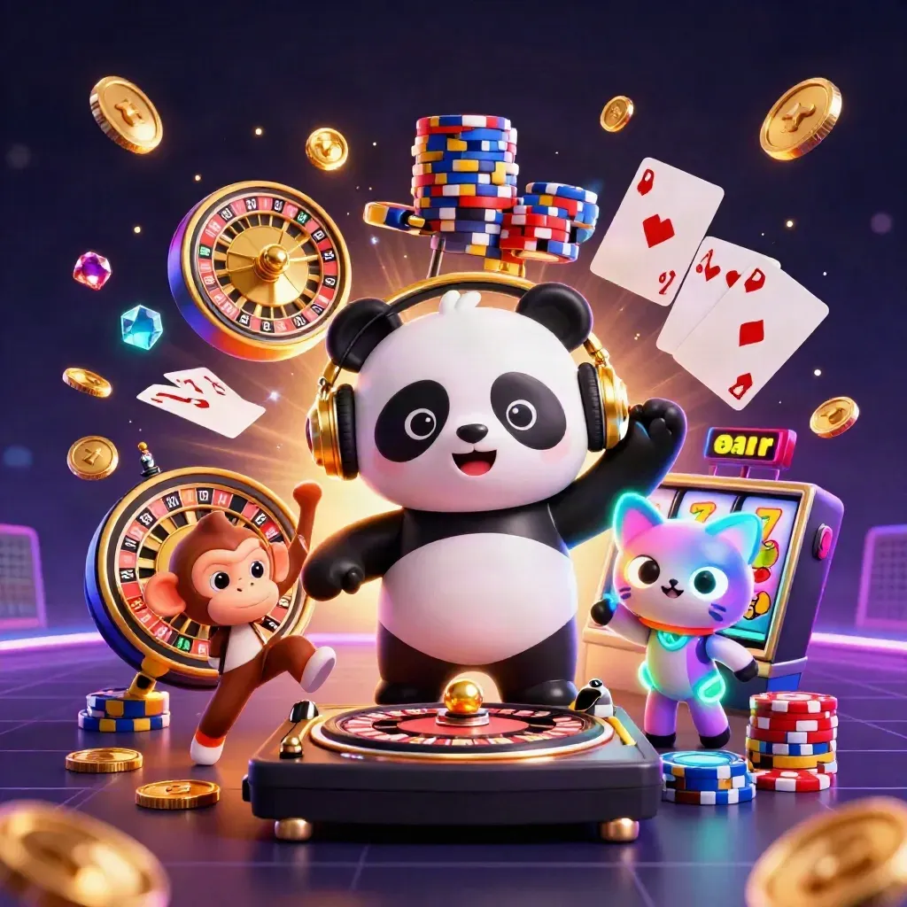 DJ panda, dancing monkey, and neon kitten amid casino props in a prism-lit splash scene